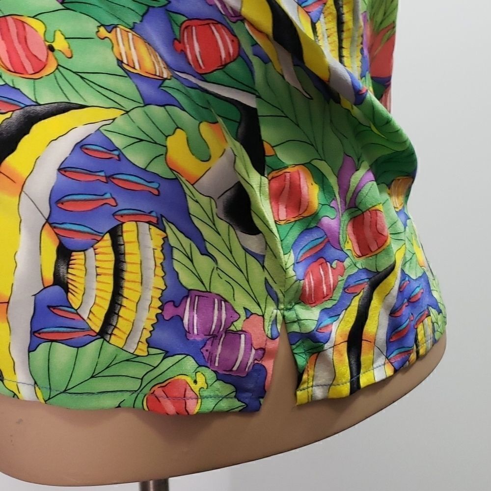 Vintage 90s Ann May 100% Silk Blouse Bright Vibrant Colors Tropical Fish Women L - Picture 5 of 10